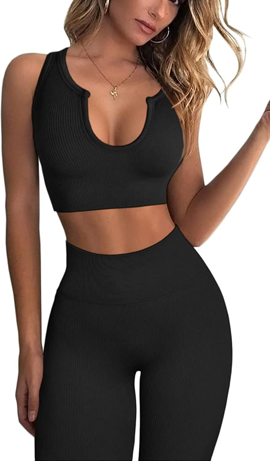  2 Piece- Neckline Sports Bra & High Waist Shorts Sets