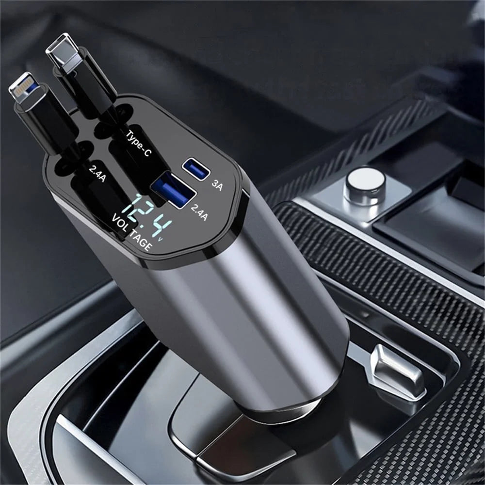 4 in 1 Retractable Car Charger, 100W Fast Car Phone Charger with Iphone and Type C Cable and 2 Charging Ports Car Charger Adapter