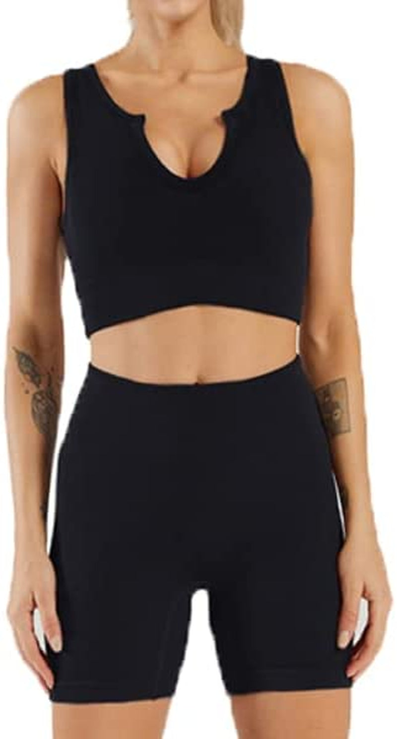  2 Piece- Neckline Sports Bra & High Waist Shorts Sets